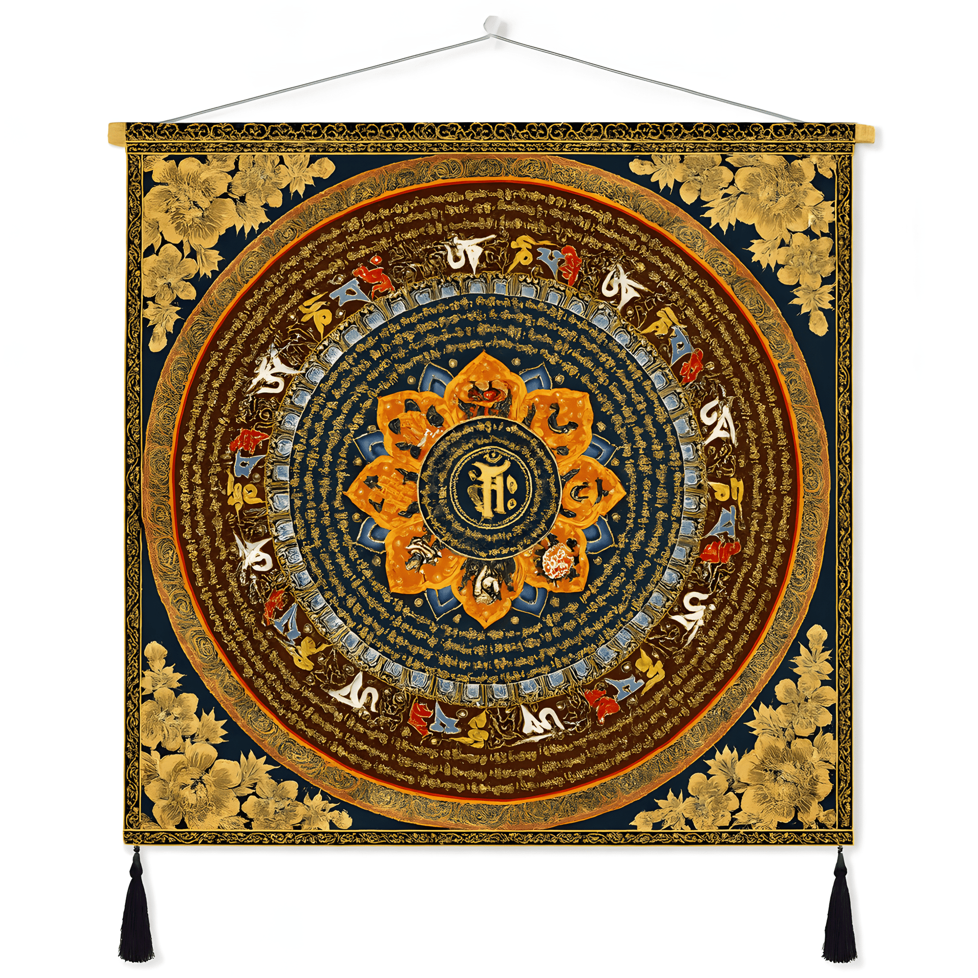 Tibetan-style wall hanging tapestry featuring traditional symbolic patterns