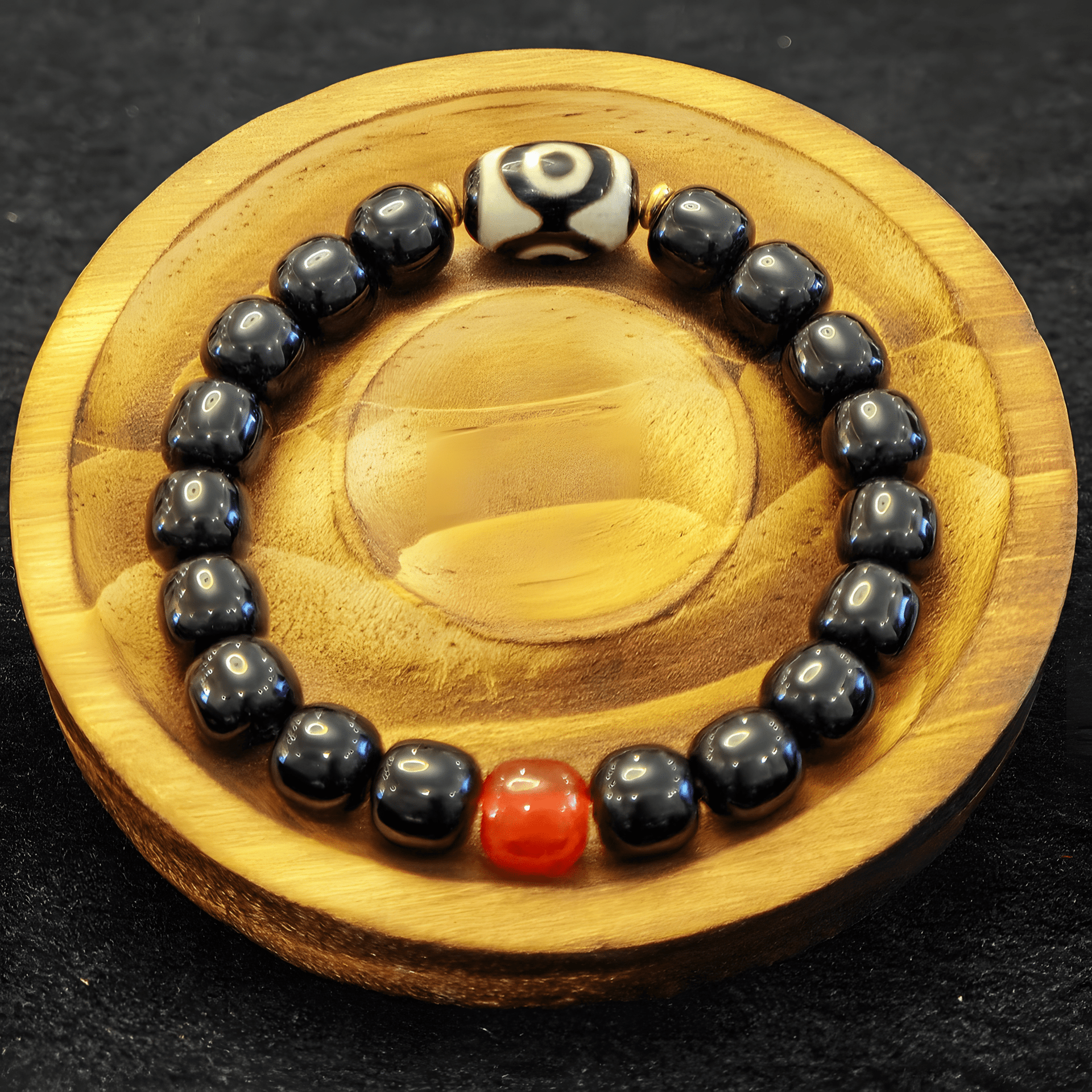 3A Black Warrior Agate Three-Eyed Himalayan Dzi Bracelet – Wealth & Abundance