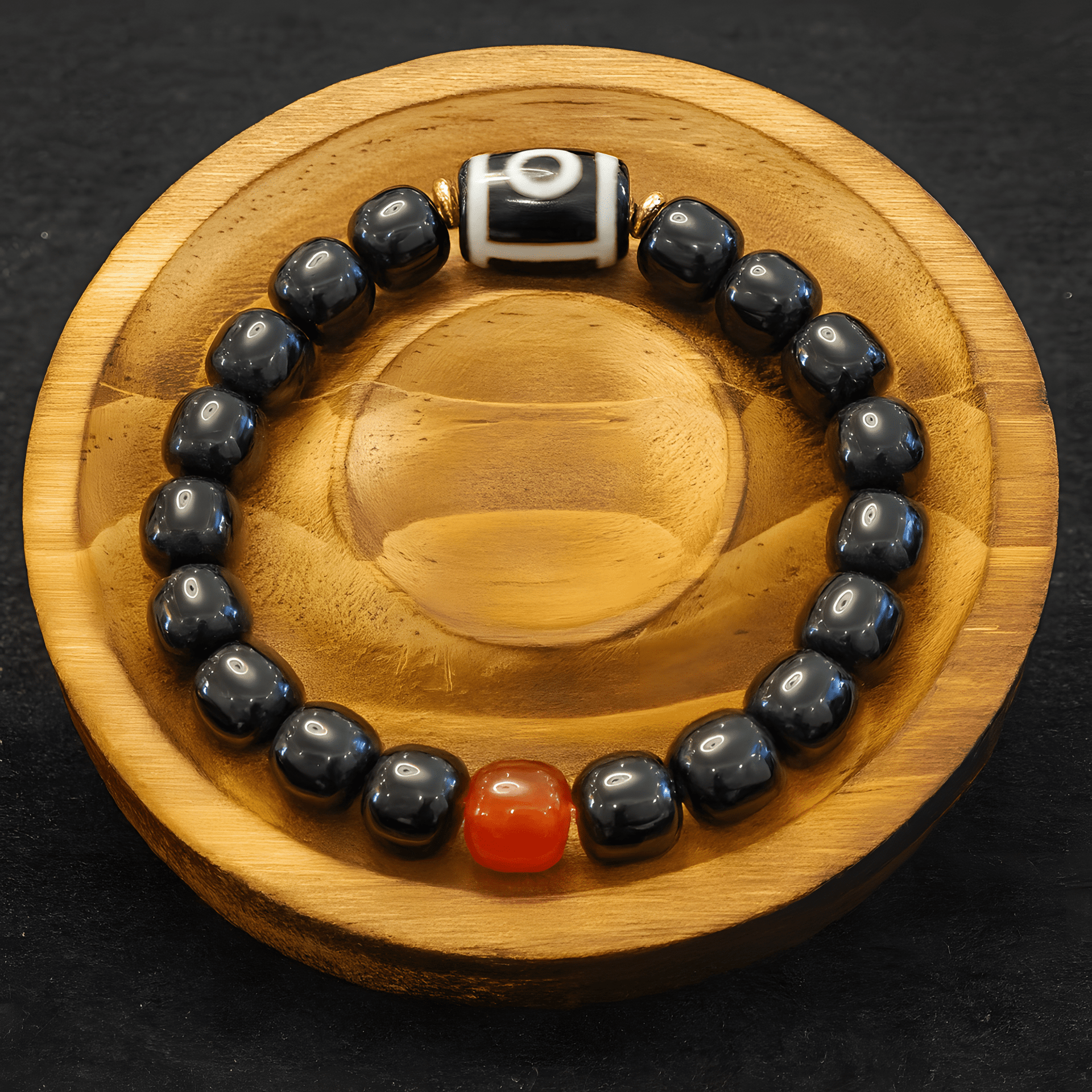 3A Black Warrior Agate Two - Eyed Himalayan Dzi Bracelet – Love & Relationship Harmony (Emotional Shield) - Himalayan Whisper
