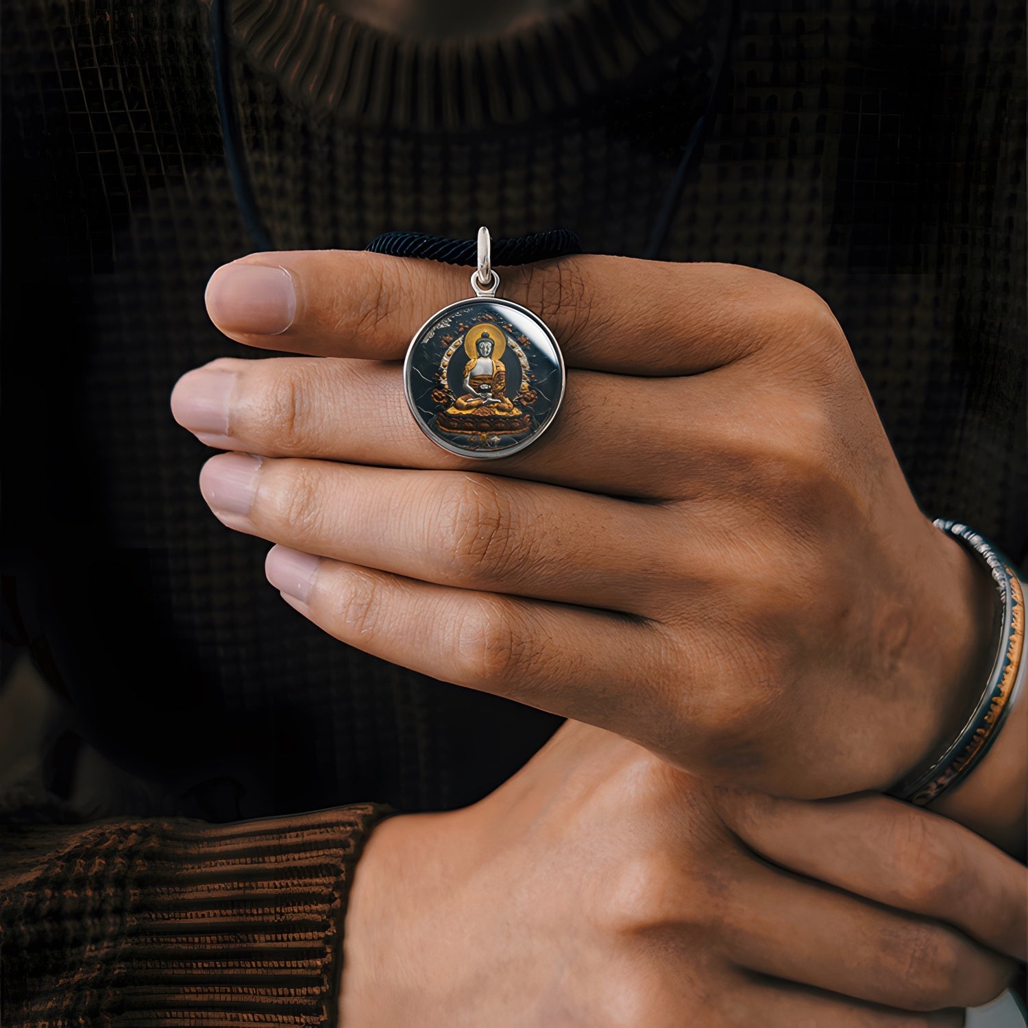 Amitabha Thangka Meteorite Pendant Necklace – Iron - Cut Gilded, 904L Steel & Sapphire Crystal (25mm) - Himalayan Whisper - 