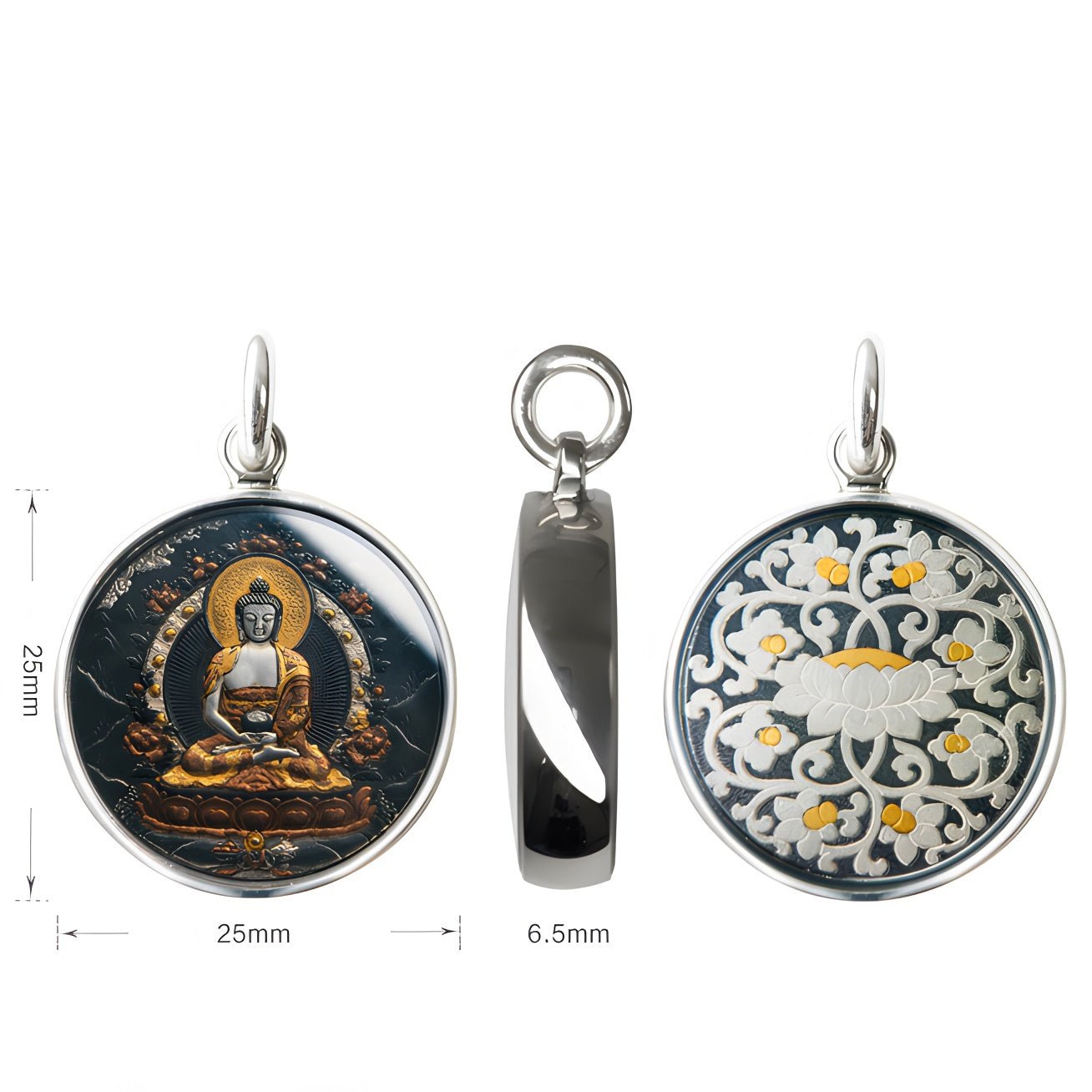 Amitabha Thangka Meteorite Pendant Necklace – Iron - Cut Gilded, 904L Steel & Sapphire Crystal (25mm) - Himalayan Whisper - 