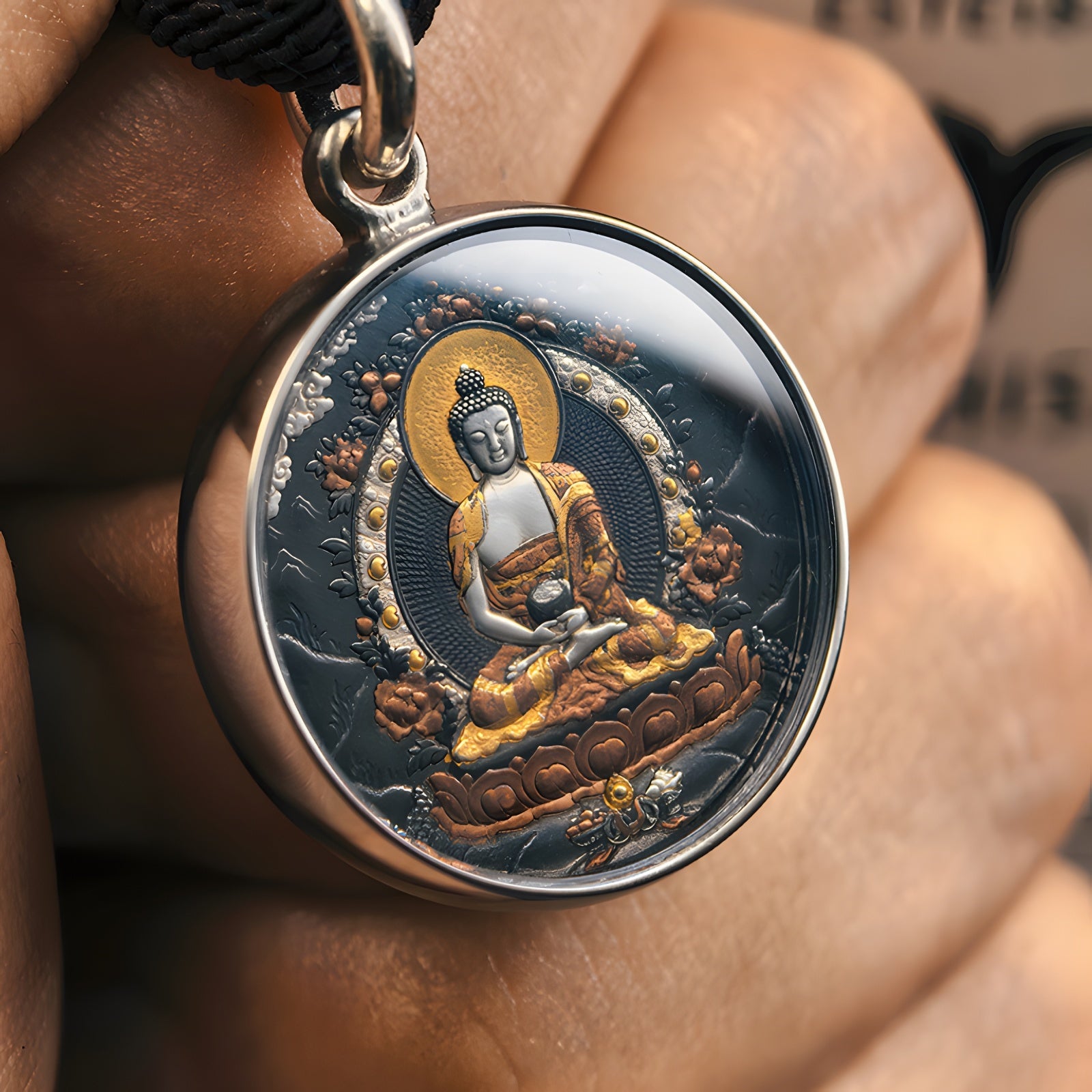 Amitabha Thangka Meteorite Pendant Necklace – Iron - Cut Gilded, 904L Steel & Sapphire Crystal (25mm) - Himalayan Whisper - 