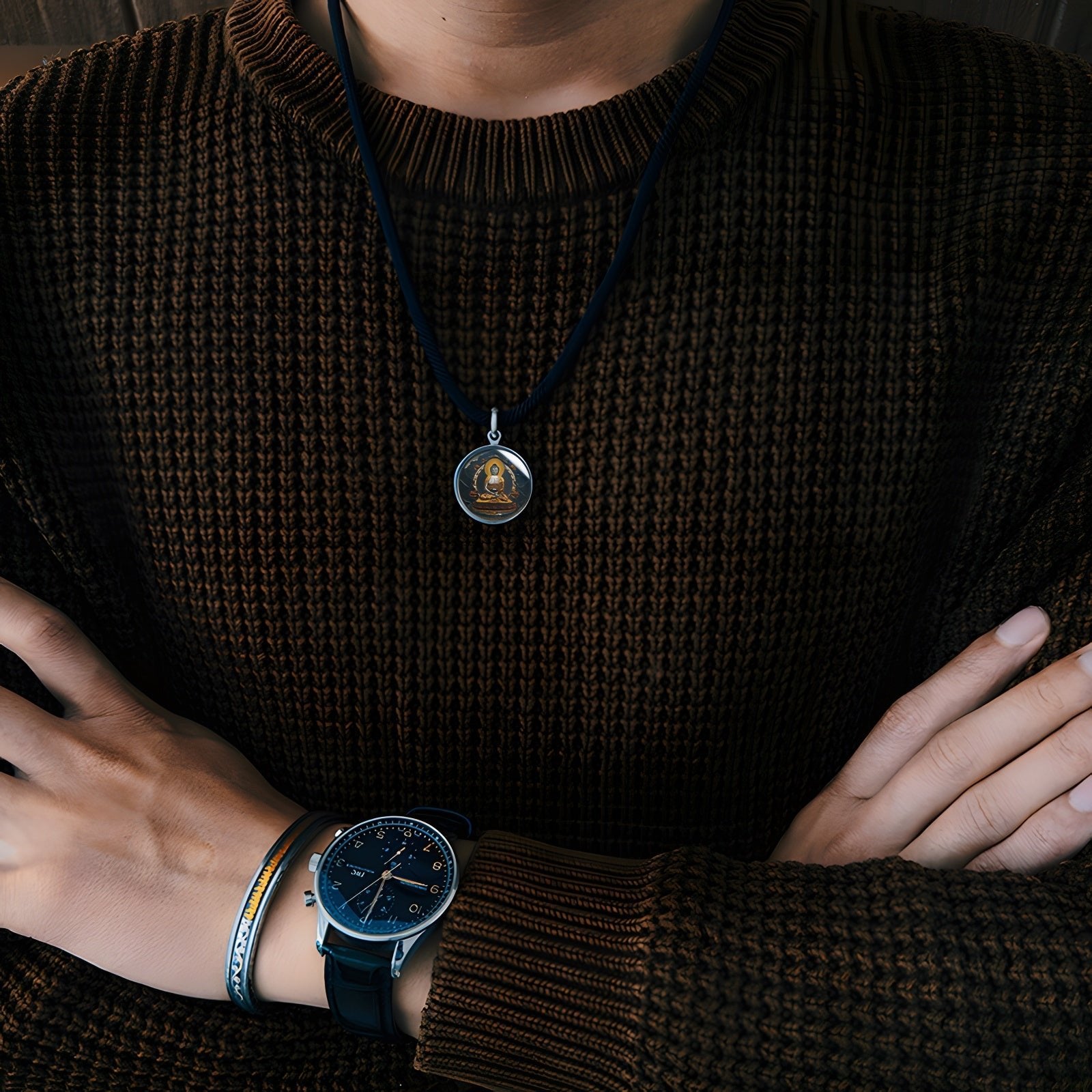 Amitabha Thangka Meteorite Pendant Necklace – Iron - Cut Gilded, 904L Steel & Sapphire Crystal (25mm) - Himalayan Whisper - 