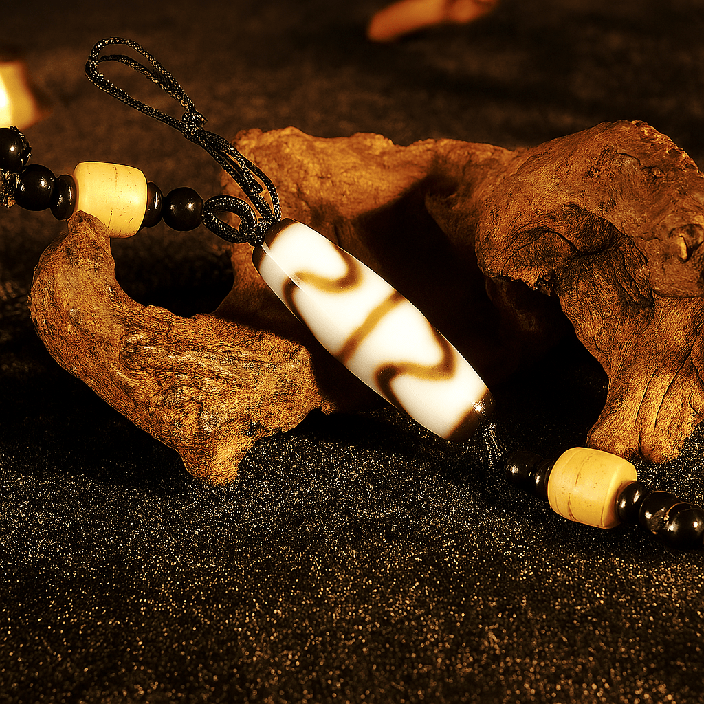 Double Tiger Tooth Dzi Bead Pendant Necklace – Himalayan Agate, 38mm | Turn Misfortune into Power - Himalayan Whisper -