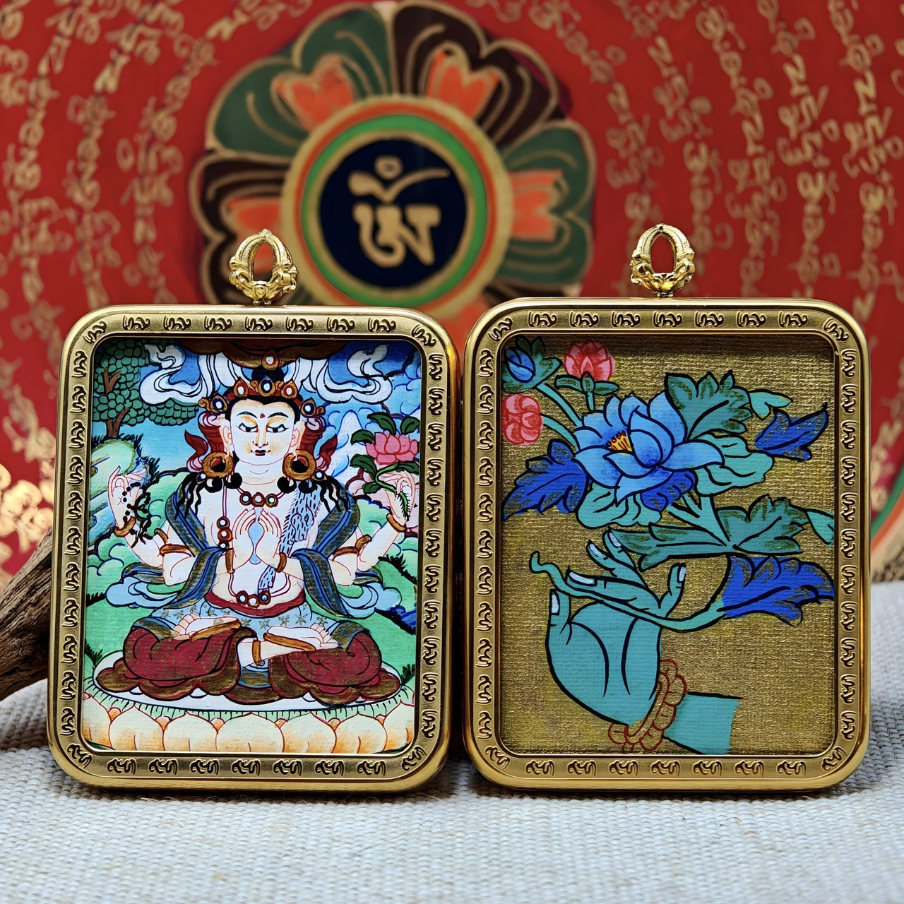 Four-Armed Avalokiteshvara Thangka Pendant–For people born in Rat Year (4×5cm / 1.57×1.97")–Design#2 - Himalayan Whisper -