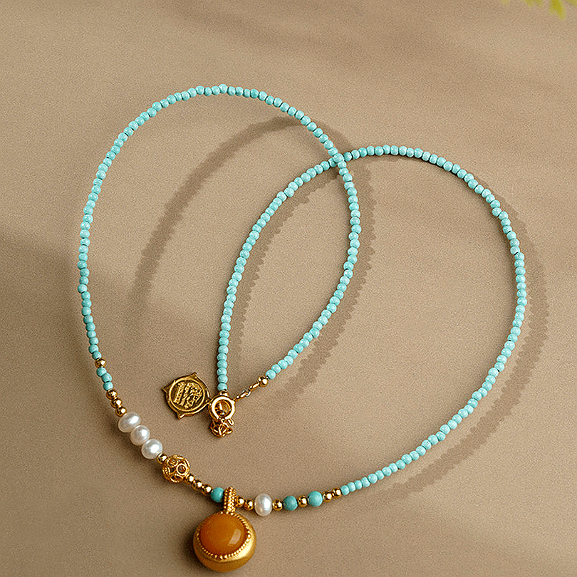 Himalayan Turquoise & Amber Pendant Necklace - Himalayan Whisper -