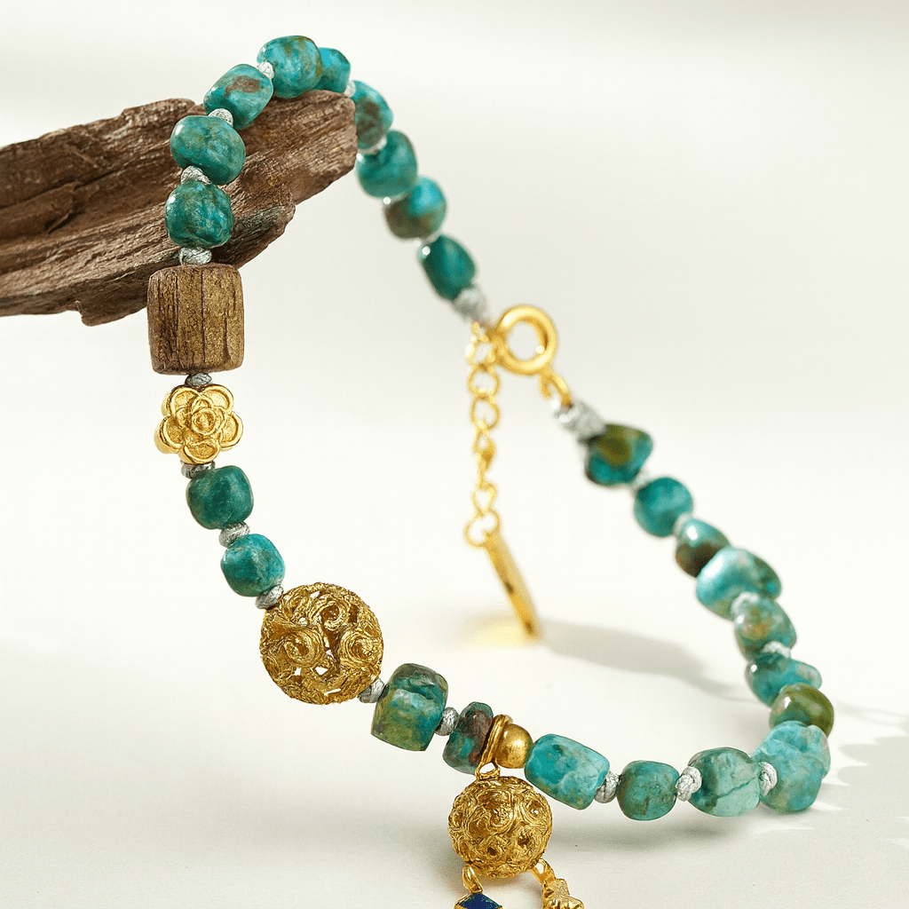 Himalayan Turquoise Charm Bracelet – Ocean-Sky Blue, Ink-Wash Veins - Himalayan Whisper -