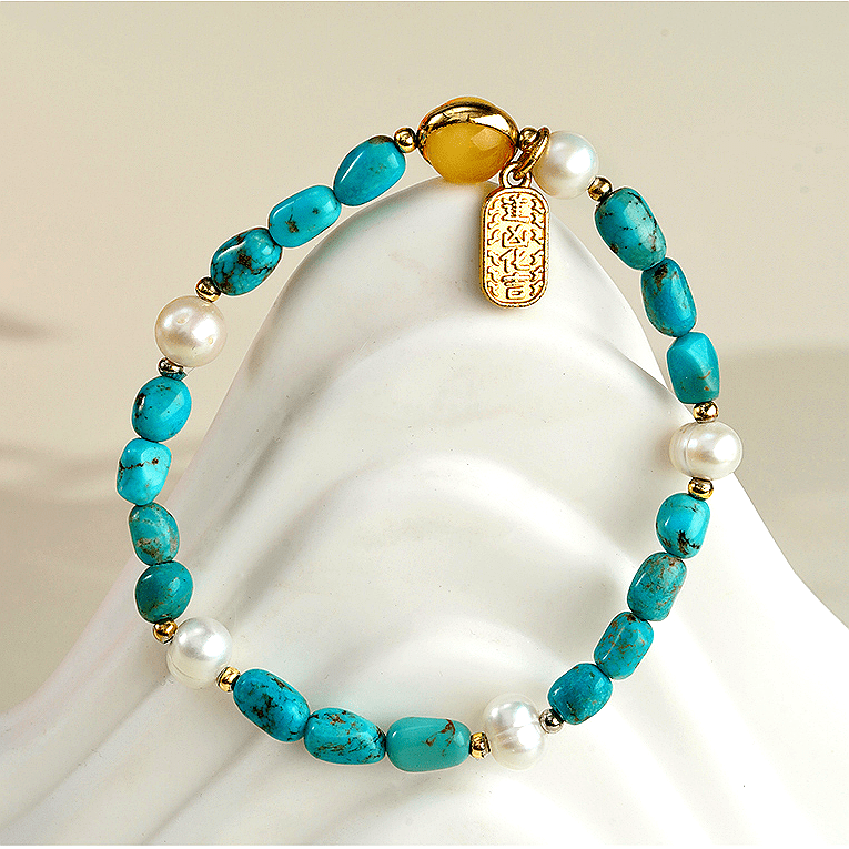 Himalayan Turquoise & Pearl Bracelet – “Golden Jade in Full Bloom” - Himalayan Whisper -