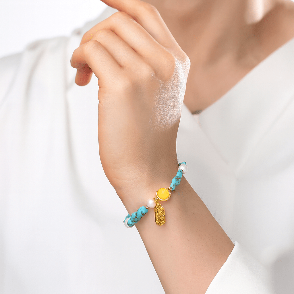 Himalayan Turquoise & Pearl Bracelet – “Golden Jade in Full Bloom” - Himalayan Whisper -