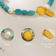 Himalayan Turquoise & Pearl Bracelet – “Golden Jade in Full Bloom” - Himalayan Whisper -