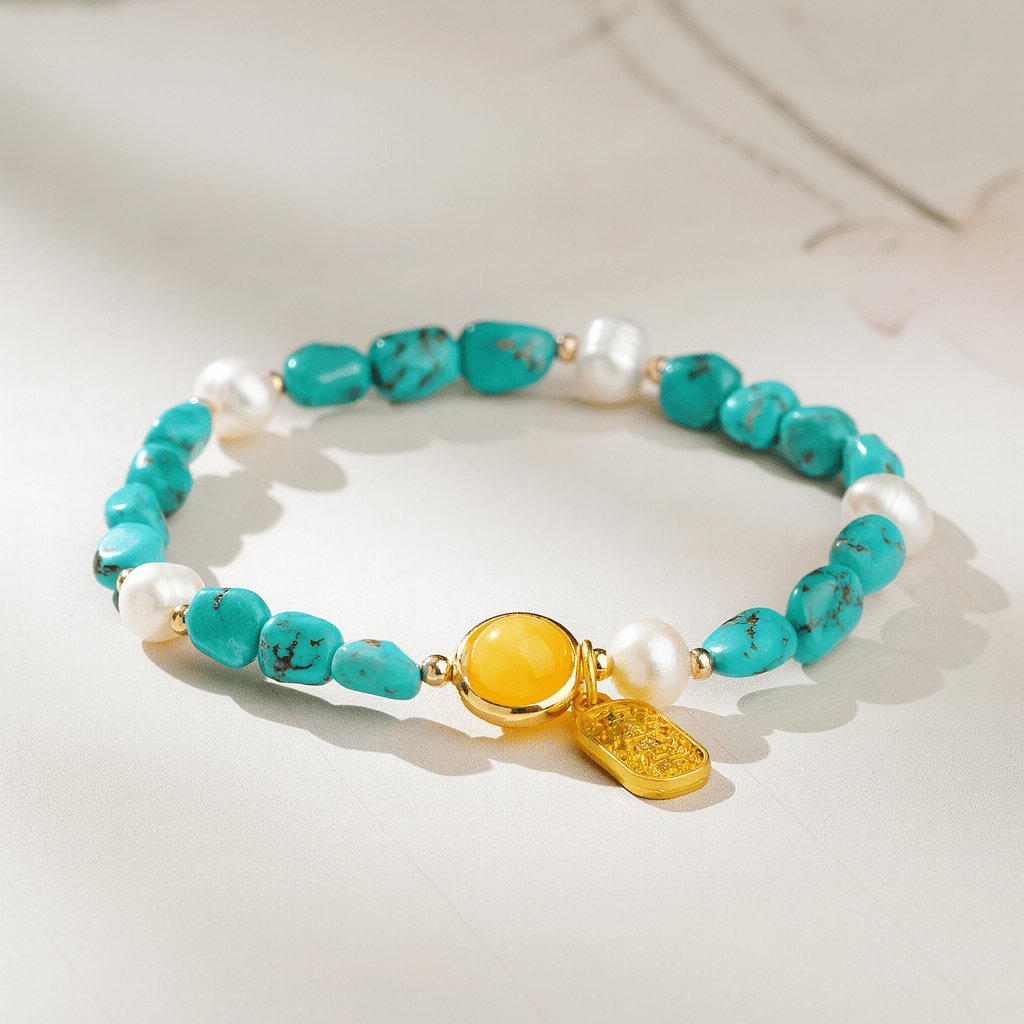 Himalayan Turquoise & Pearl Bracelet – “Golden Jade in Full Bloom” - Himalayan Whisper -