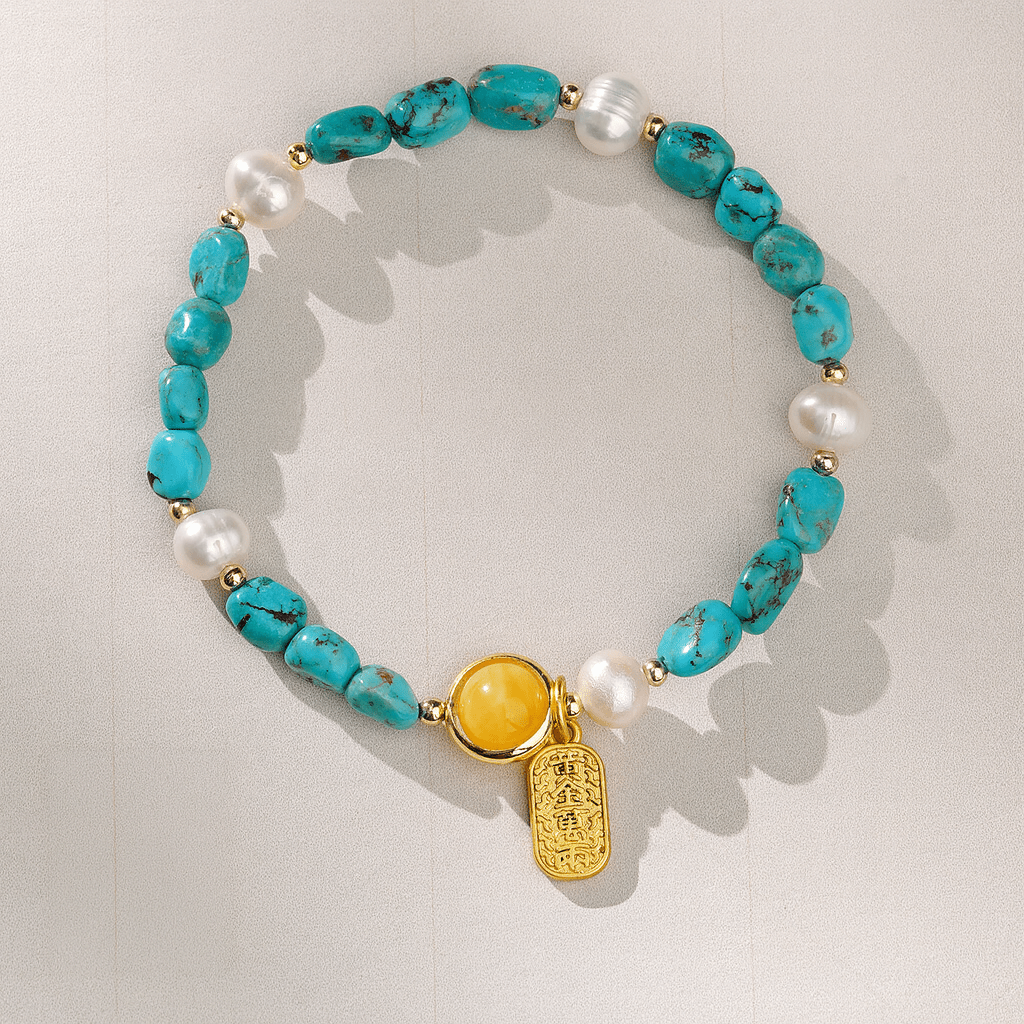 Himalayan Turquoise & Pearl Bracelet – “Golden Jade in Full Bloom” - Himalayan Whisper -