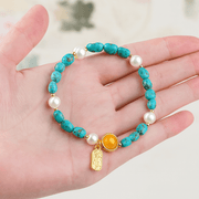 Himalayan Turquoise & Pearl Bracelet – “Golden Jade in Full Bloom” - Himalayan Whisper -