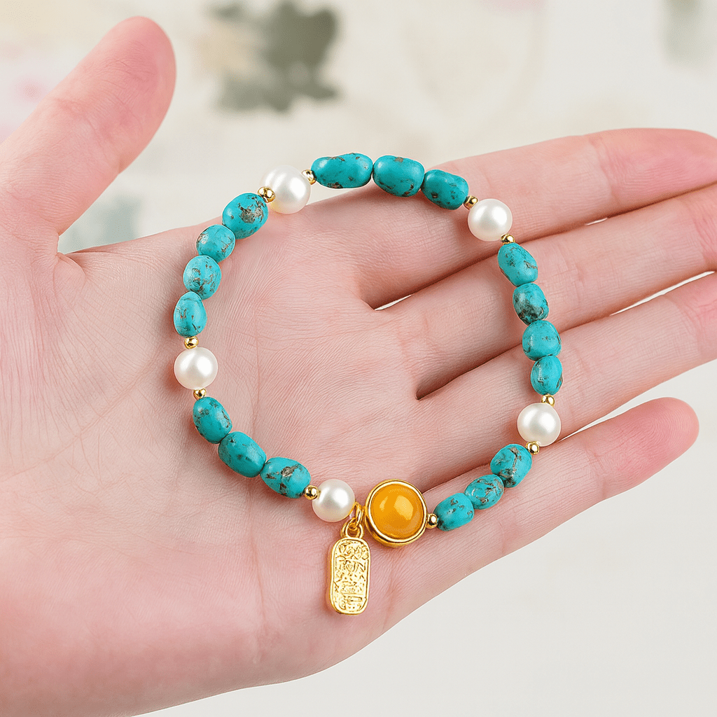 Himalayan Turquoise & Pearl Bracelet – “Golden Jade in Full Bloom” - Himalayan Whisper -