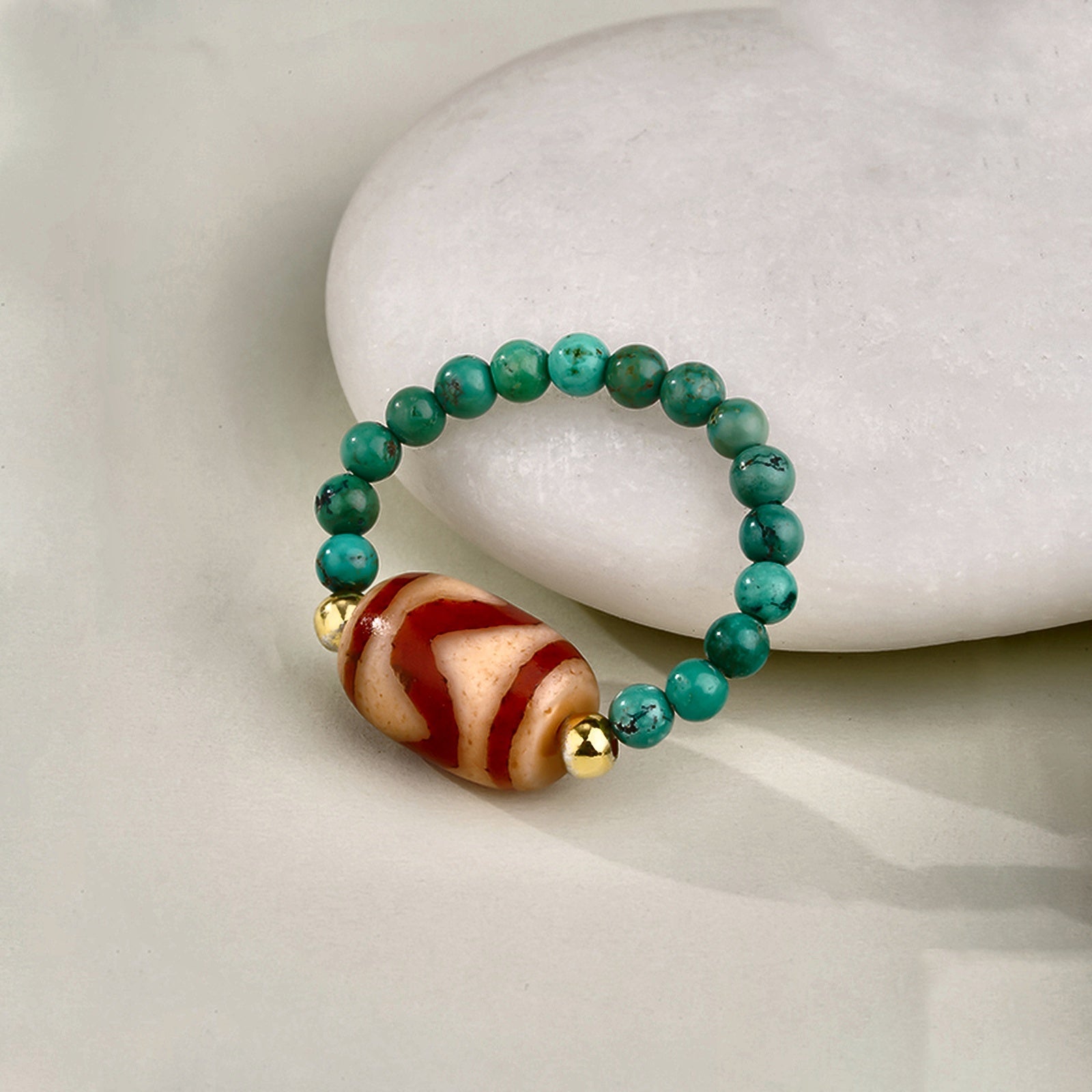 Himalayan Turquoise Tiger-Tooth Dzi Ring - Himalayan Whisper -