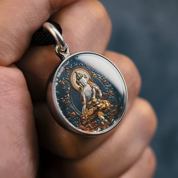 Ksitigarbha Round Thangka Pendant Necklace (Unisex) – Meteor Iron + 24K Heritage Goldwork (25mm)