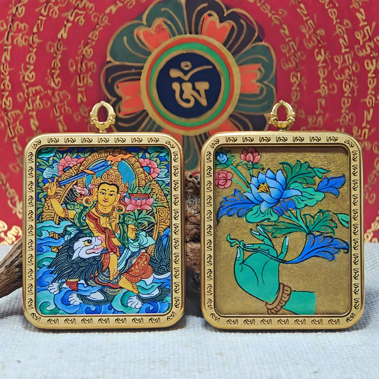 Lion - Riding Manjushri Thangka Pendant “Top of the List” (4×5cm / 1.57×1.97") – Design 2 - Himalayan Whisper - 