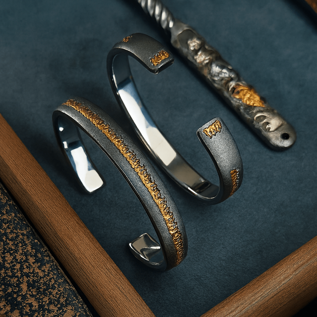 Russian Meteor Iron “Sacred Fire” Bangle — 24K Gold Inlay, Heritage Handcrafted (Unisex) - Himalayan Whisper - 