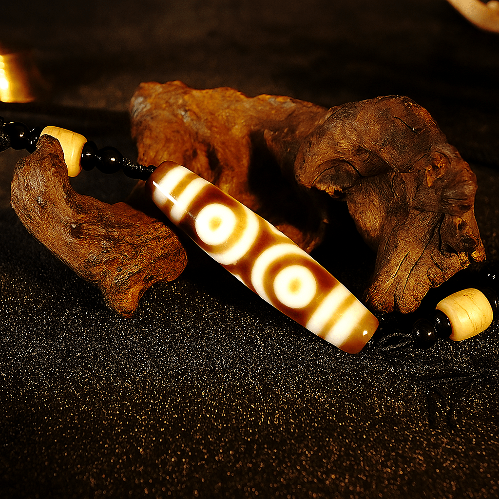 Three - Eyed Dzi Bead Pendant Necklace (Design 1) – Himalayan Agate, 58mm / 2.28" | Wealth & Opportunity