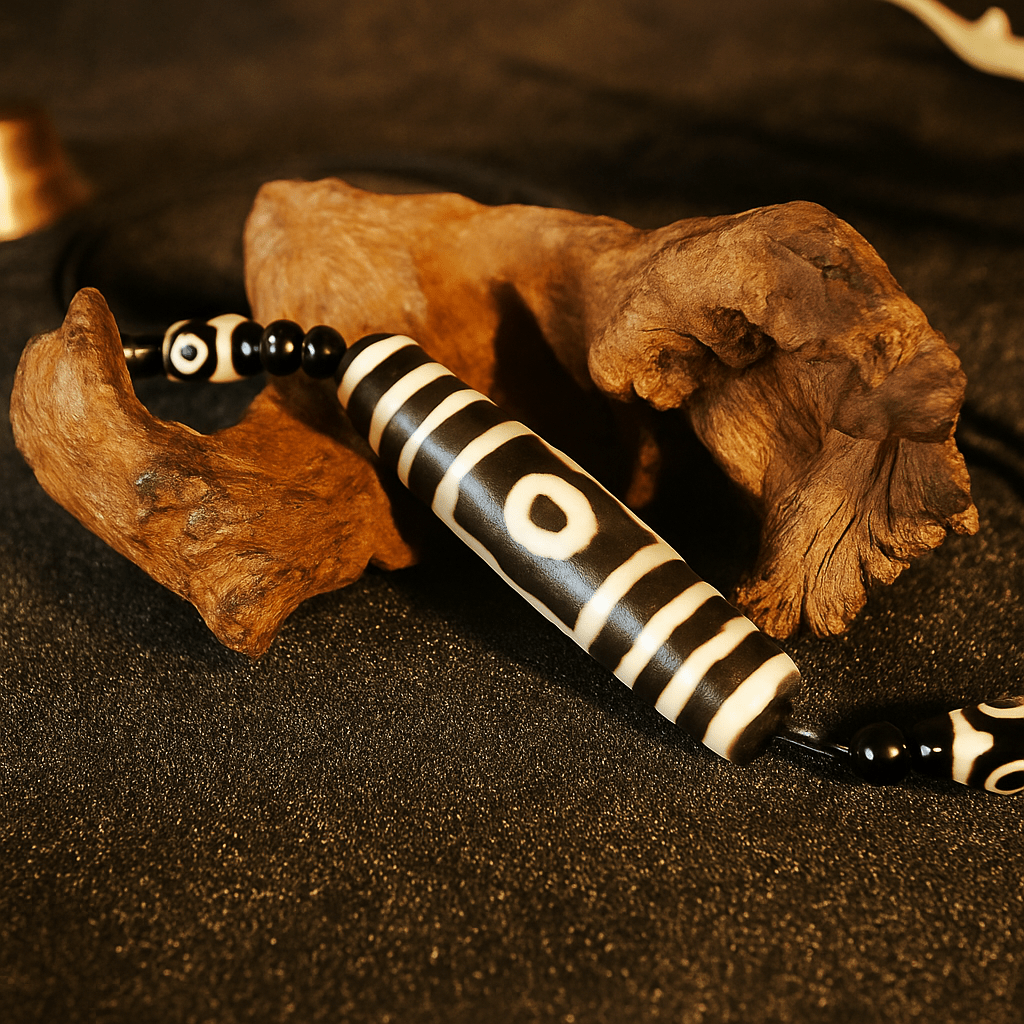 Three - Eyed Dzi Bead Pendant Necklace (Design 2) – Himalayan Agate, 58mm / 2.28" | Wealth & Opportunity