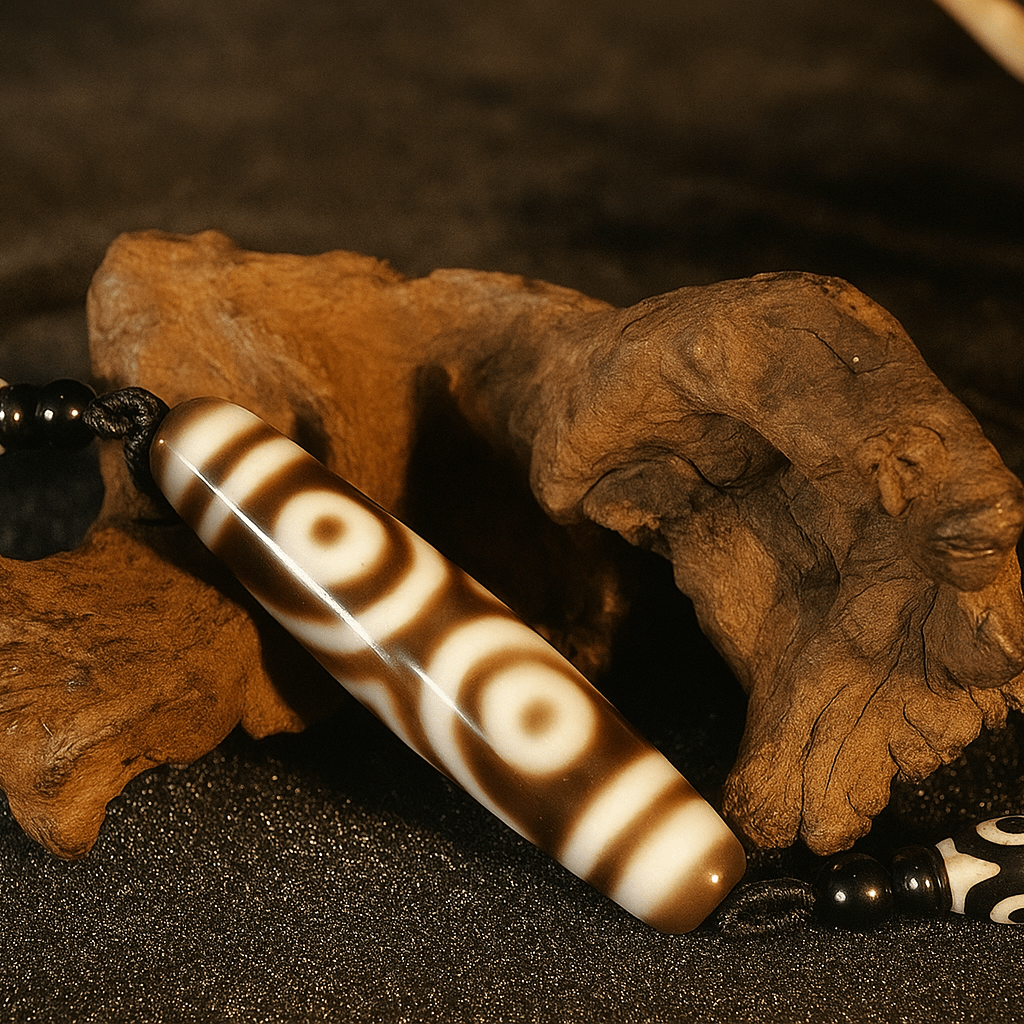 Three - Eyed Dzi Bead Pendant Necklace (Design 3) – Himalayan Agate, 58mm / 2.28" | Wealth & Opportunity