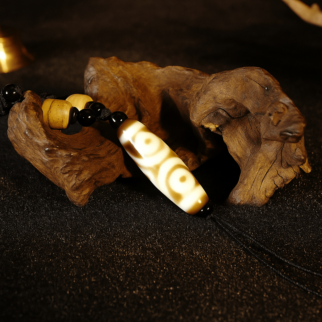 Three - Eyed Dzi Bead Pendant Necklace (Design 4) – Himalayan Agate, 58mm / 2.28" | Wealth & Opportunity