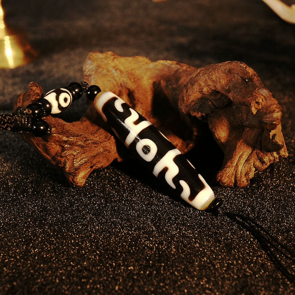 Three - Eyed Lotus Master Dzi Bead Pendant Necklace – Himalayan Agate, 58mm / 2.28" | Wealth Calling - Himalayan Whisper - 