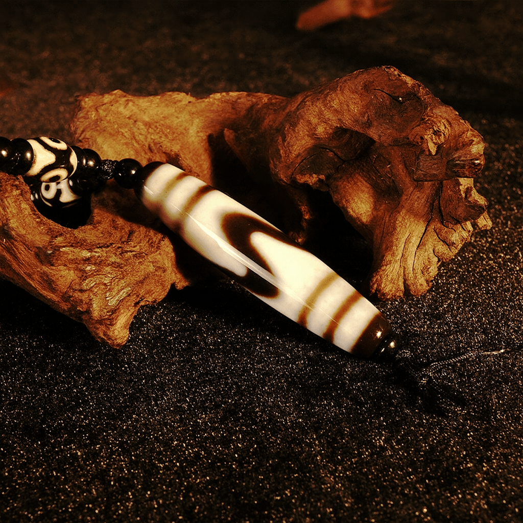 Tiger Tooth Dzi Bead Pendant Necklace – Himalayan Agate (Design 2, 58mm / 2.28") | Courage & Boundaries