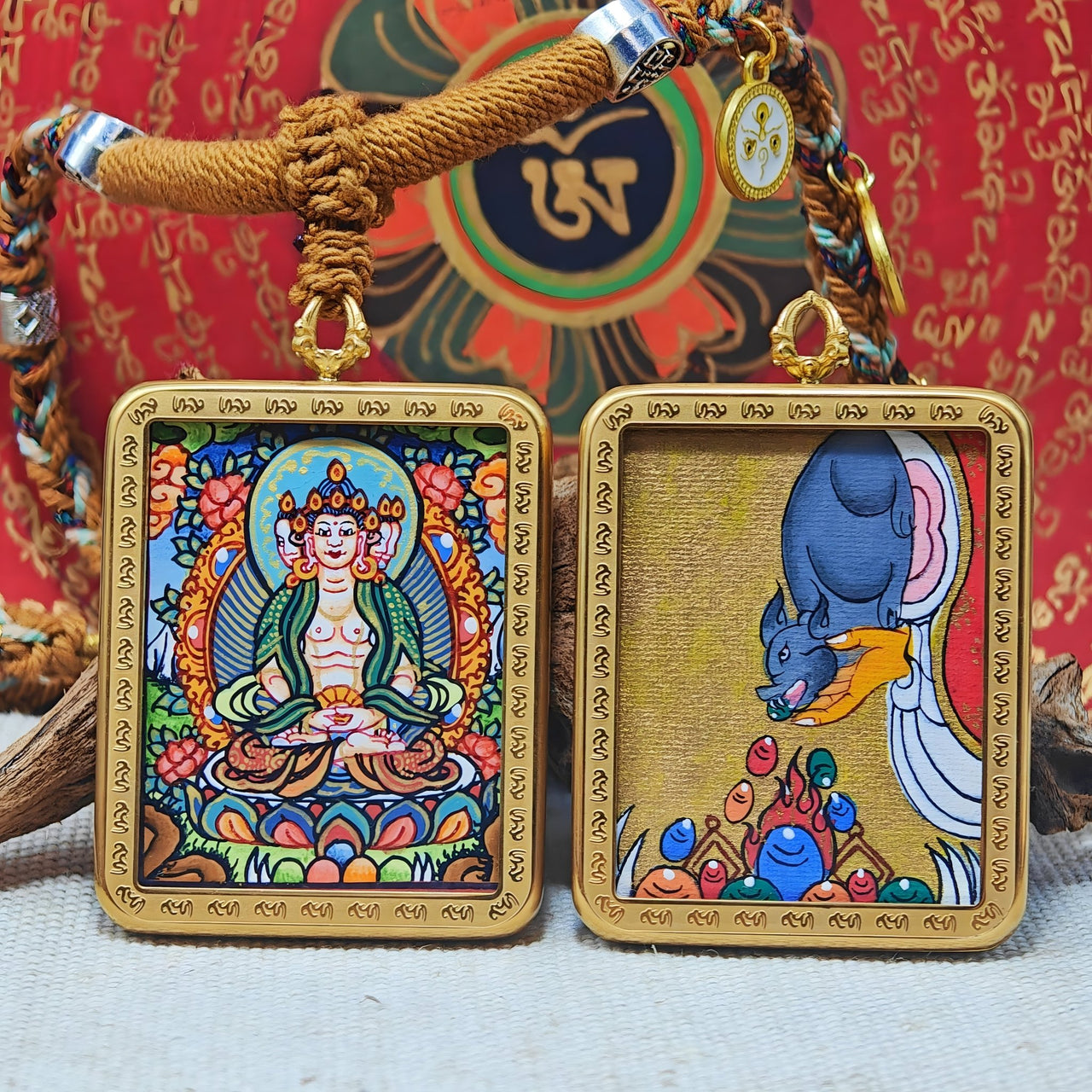 Vairocana Zodiac Guardian Thangka Pendant – For people born in Sheep & Monkey Year (3.5×4.5cm / 1.38×1.77")