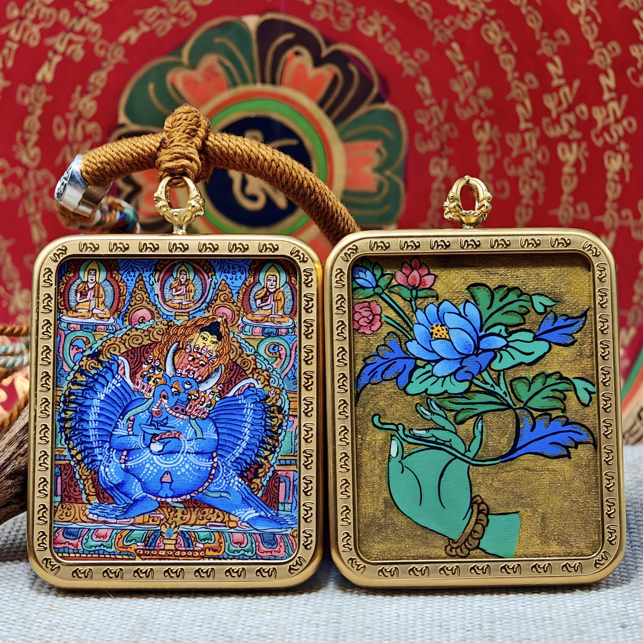 Yamantaka Thangka Pendant – “Great Destroyer of Fear” Power Guardian (4×5cm / 1.57×1.97") – Design 2 - Himalayan Whisper - 