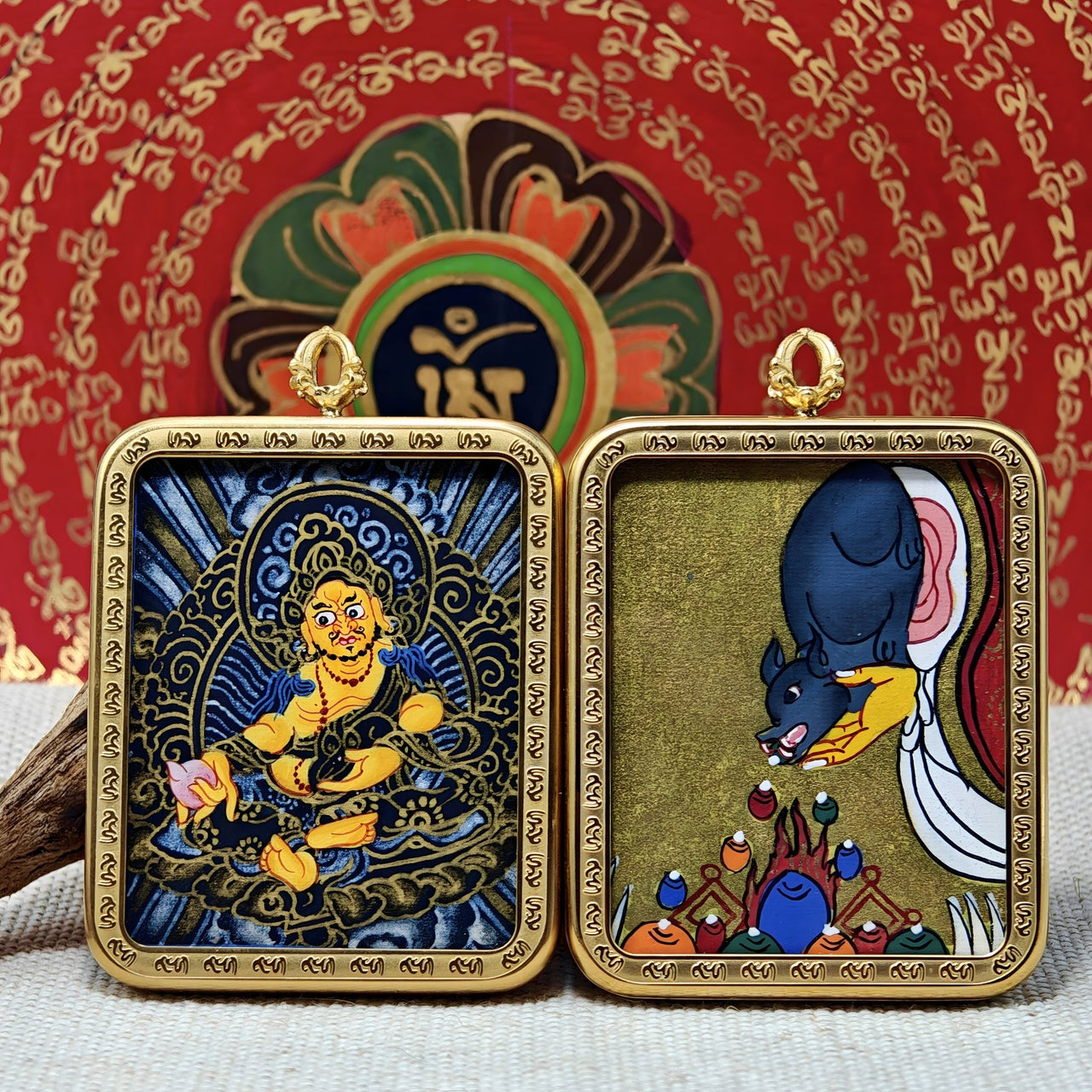 Yellow Wealth Guardian Thangka Pendant – Prosperity & Money Flow (Black - Gold Edition) (4×5cm / 1.57×1.97") – Design 2