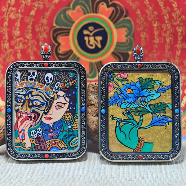 Zajiram Thangka Pendant – “Past & Present” Reincarnation Compass (3.5×4.5cm / 1.38×1.77") – Design 2 - Himalayan Whisper - 