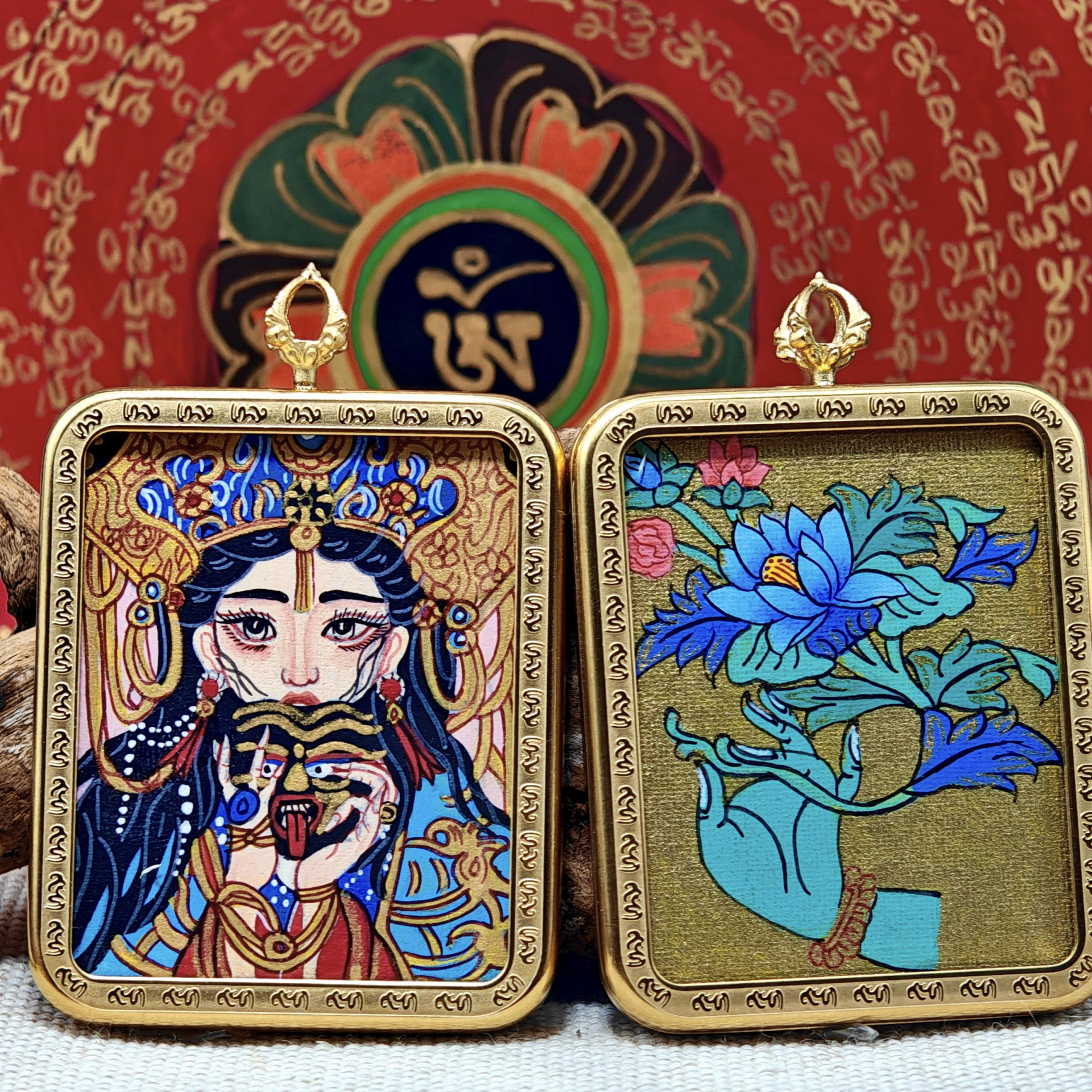 Zajiram Thangka Pendant – “Past & Present” Reincarnation Compass (3.5×4.5cm / 1.38×1.77") – Design 3 - Himalayan Whisper - 