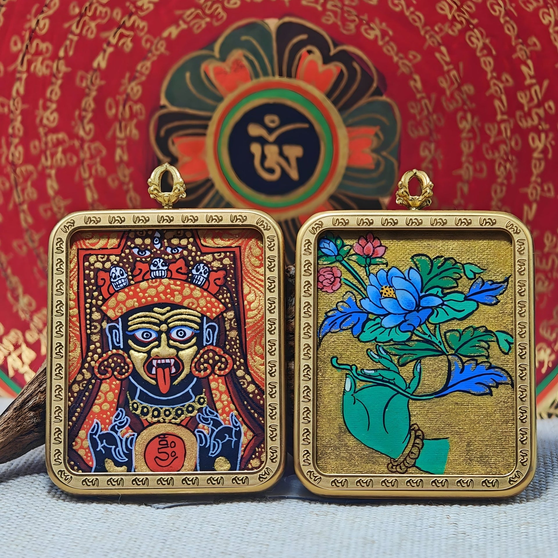 Zajiram Thangka Pendant – “Red - Gold Surge” Energy Shield (4×5cm / 1.57×1.97") – Design 1 - Himalayan Whisper - 